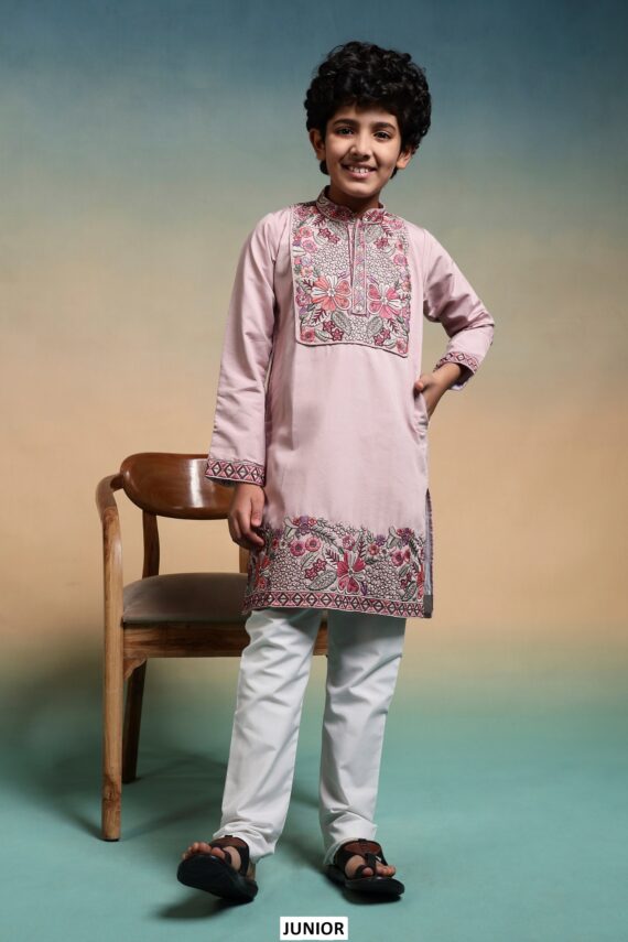 Shop Kid's Boys Multi Colour Thread Embroidery Work Kurta And Pajama In Viscose Silk Fabric