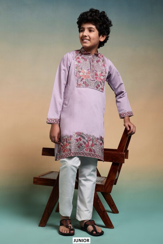 Shop Kid's Boys Multi Colour Thread Embroidery Work Kurta And Pajama In Viscose Silk Fabric