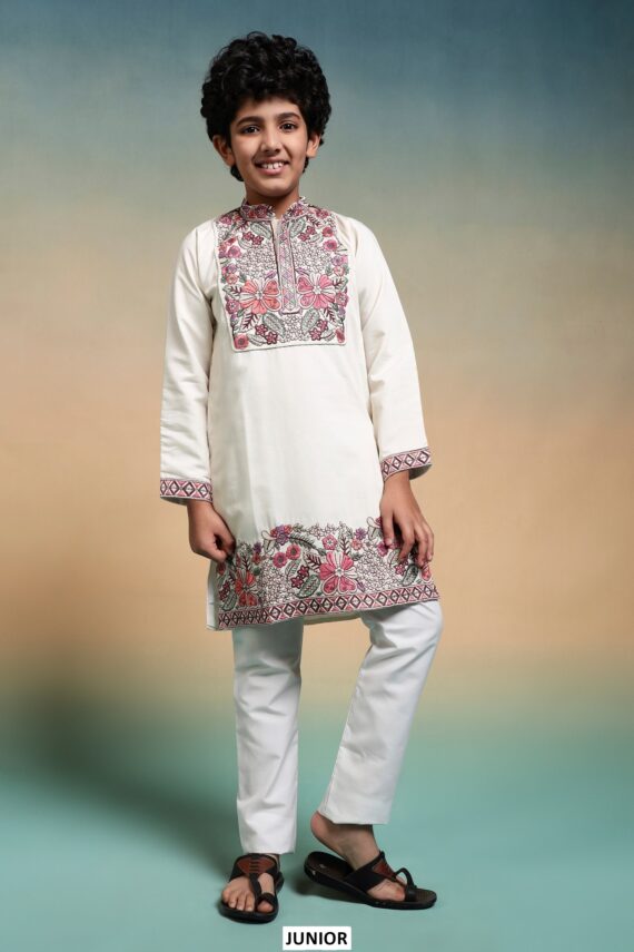 Shop Kid's Boys Multi Colour Thread Embroidery Work Kurta And Pajama In Viscose Silk Fabric