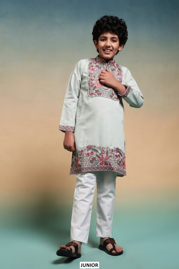 Shop Kid's Boys Multi Colour Thread Embroidery Work Kurta And Pajama In Viscose Silk Fabric