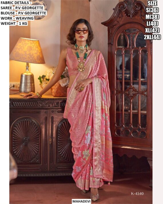 Pure Lux P.v Georgette Brasso Printed And Weaving Party Wear Saree With Stylish Blouse