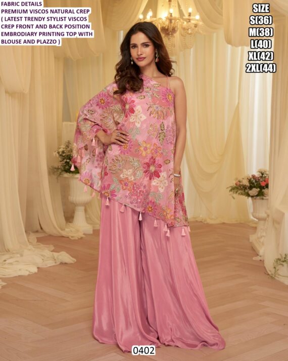 Premium Viscose Natural Crepe Position Embroidery Printing Ethnic Outfits (Plazo Pair)