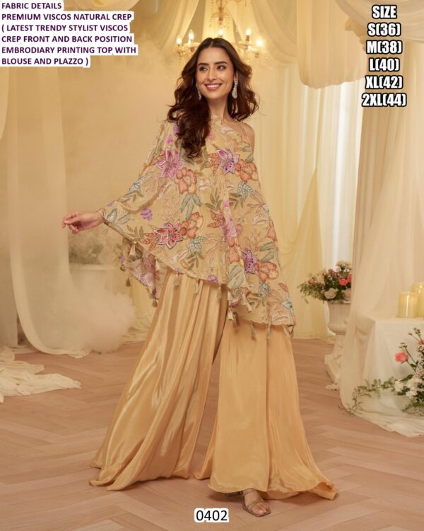Premium Viscose Natural Crepe Position Embroidery Printing Ethnic Outfits (Plazo Pair)