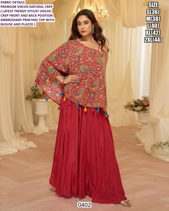 Premium Viscose Natural Crepe Position Embroidery Printing Ethnic Outfits (Plazo Pair)