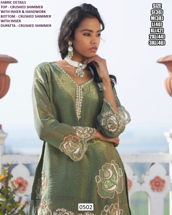 Shop This Beautiful Crushed Shimmer Hand Work Three-Piece Plazo Suit In Sage Green