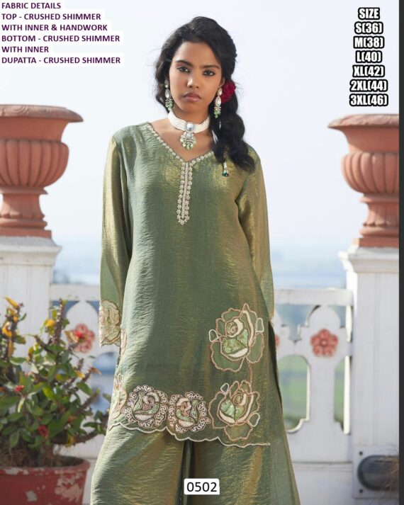 Shop This Beautiful Crushed Shimmer Hand Work Three-Piece Plazo Suit In Sage Green