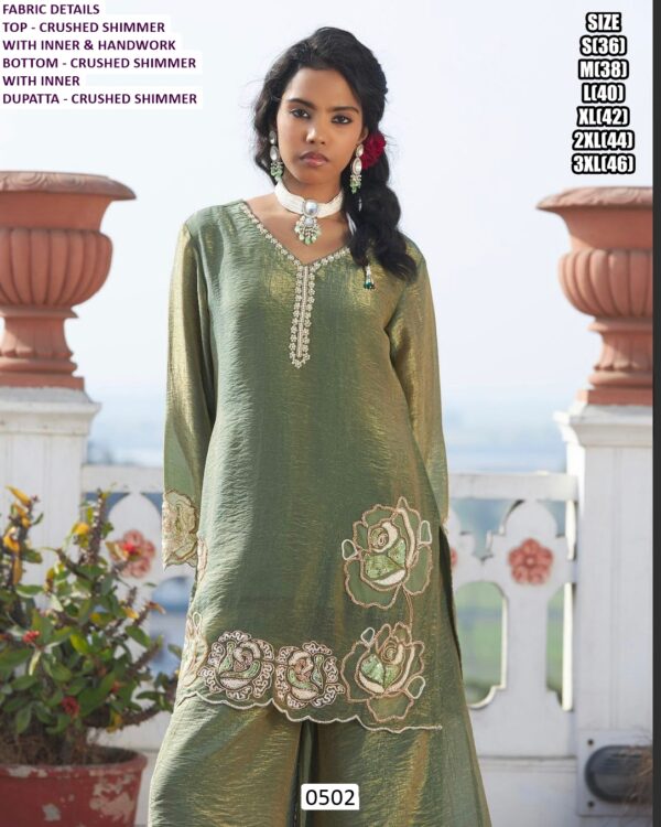 Shop This Beautiful Crushed Shimmer Hand Work Three-Piece Plazo Suit In Sage Green