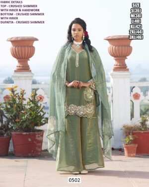 Shop This Beautiful Crushed Shimmer Hand Work Three-Piece Plazo Suit In Sage Green