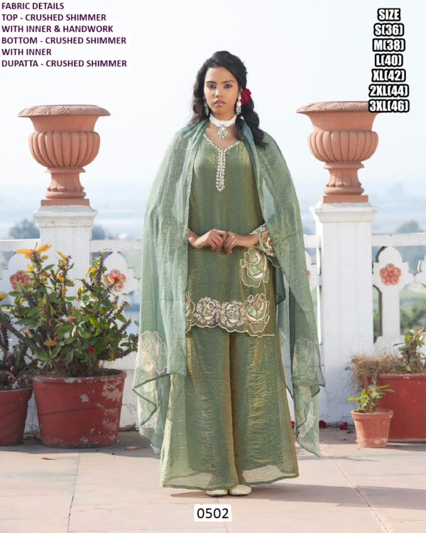 Shop This Beautiful Crushed Shimmer Hand Work Three-Piece Plazo Suit In Sage Green