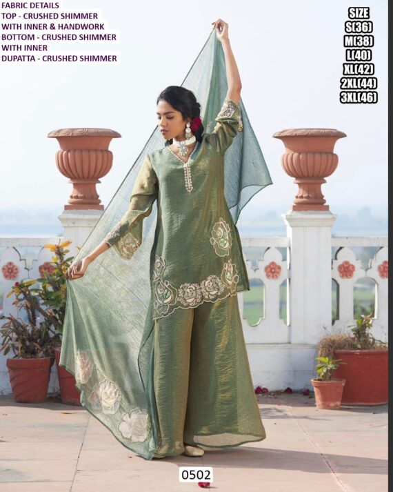 Shop This Beautiful Crushed Shimmer Hand Work Three-Piece Plazo Suit In Sage Green