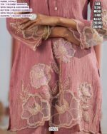 Pink Petal Crushed Shimmer Hand Work Short Kurta With Plazo And Dupatta - Festive Wear