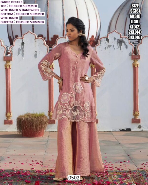 Pink Petal Crushed Shimmer Hand Work Short Kurta With Plazo And Dupatta - Festive Wear