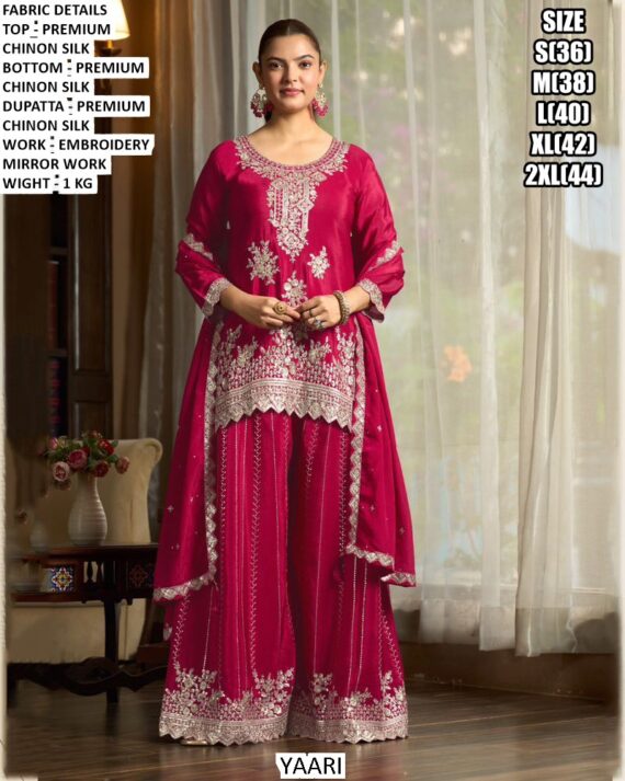 Step Into Unforgettable Moments Wrapped In Beauty With This Mirror And Embroidery Work Chinon Silk Suits