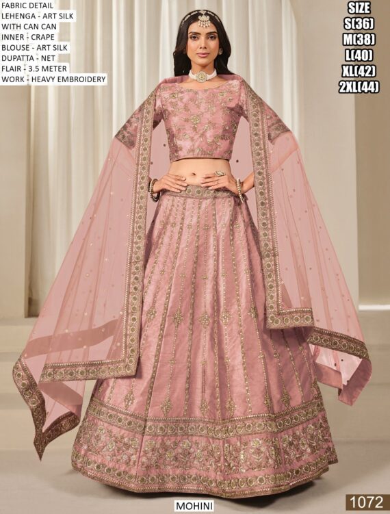 Graceful Blush Pink And Beige Colour Art Silk Embroidered Lehenga Choli For Your Weddings