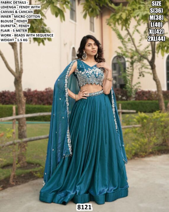 Firozi Blue Colour Beads With Sequins Embroidery Work Fendy Silk Lehenga Choli Set