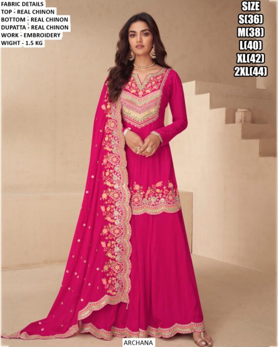 Real Chinon Three Colours Straight Suit With Pakistani Fit , It Has Embroidery Work All Over Suit With Dupatta !!