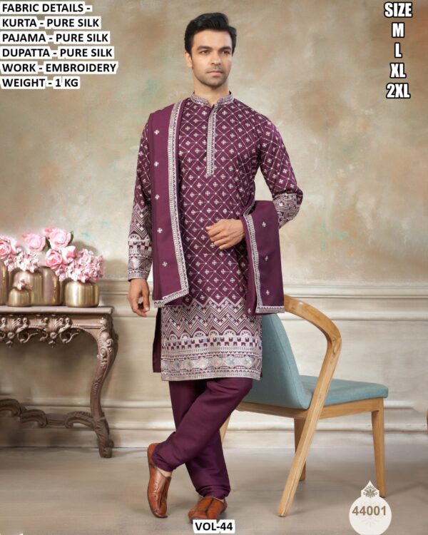 Ready To Wear Fine Embroidery Worked Pure Silk Kurta, Pajama And Dupatta Sets For Mens