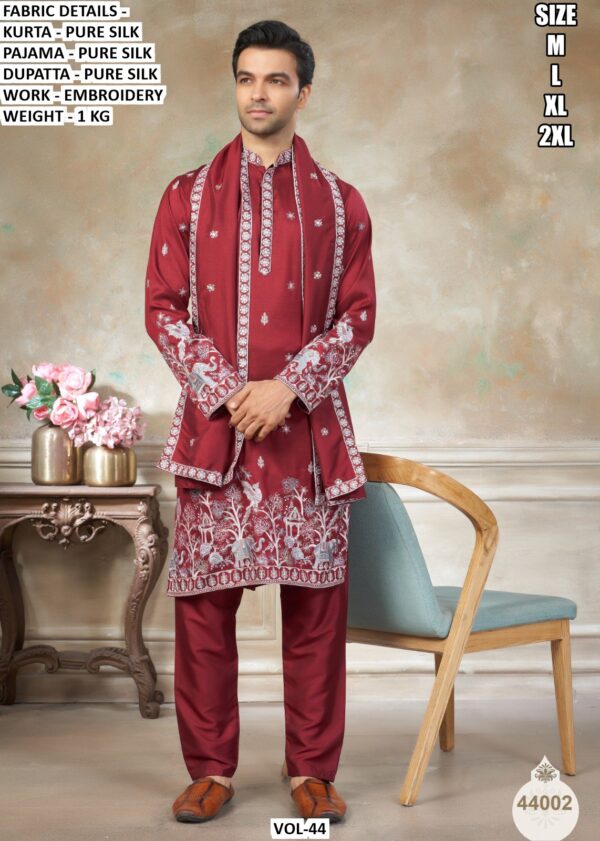 Ready To Wear Fine Embroidery Worked Pure Silk Kurta, Pajama And Dupatta Sets For Mens