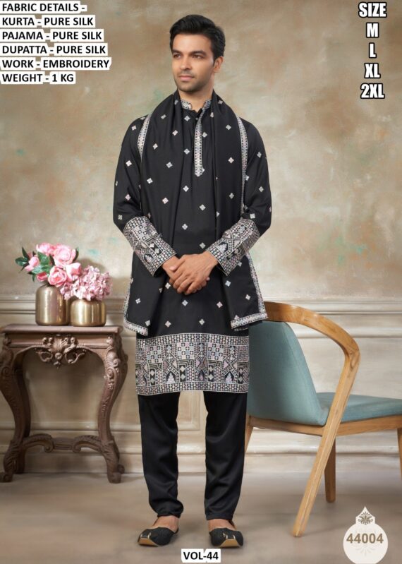 Ready To Wear Fine Embroidery Worked Pure Silk Kurta, Pajama And Dupatta Sets For Mens