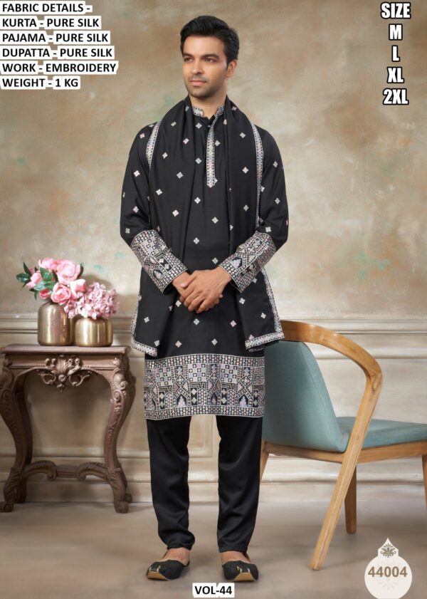 Ready To Wear Fine Embroidery Worked Pure Silk Kurta, Pajama And Dupatta Sets For Mens