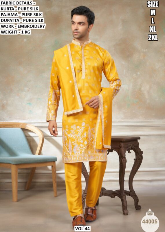 Ready To Wear Fine Embroidery Worked Pure Silk Kurta, Pajama And Dupatta Sets For Mens