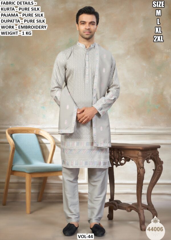 Ready To Wear Fine Embroidery Worked Pure Silk Kurta, Pajama And Dupatta Sets For Mens
