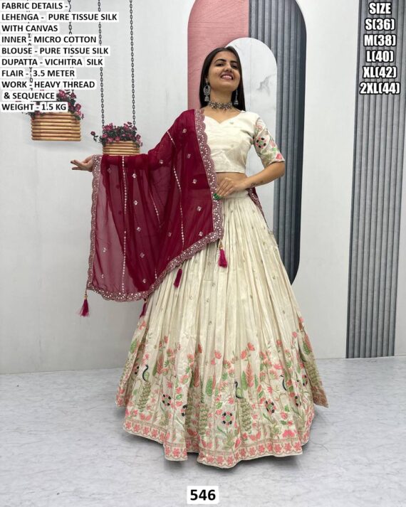 Off-White Pure Tissue Silk Heavy Multi-Thread And Sequence Embroidered Lehenga Choli