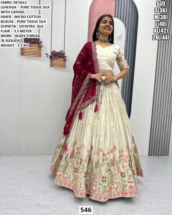 Off-White Pure Tissue Silk Heavy Multi-Thread And Sequence Embroidered Lehenga Choli