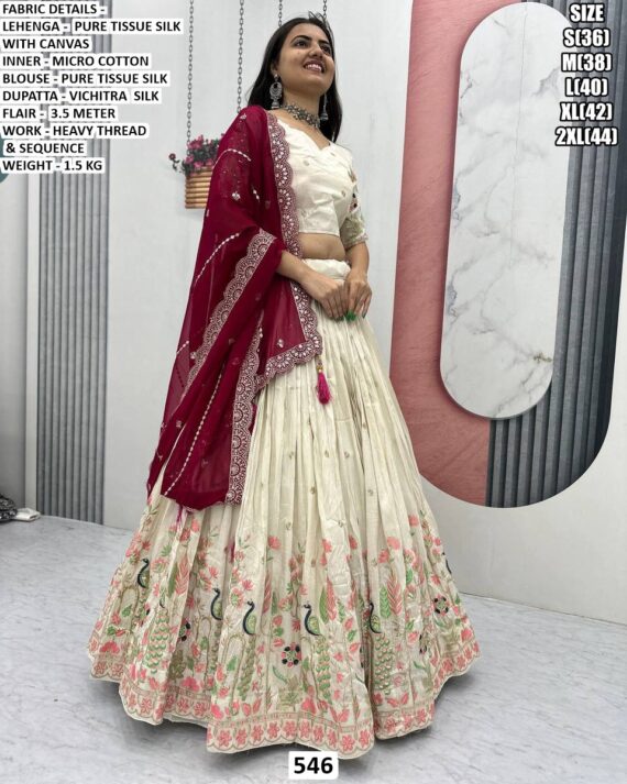 Off-White Pure Tissue Silk Heavy Multi-Thread And Sequence Embroidered Lehenga Choli