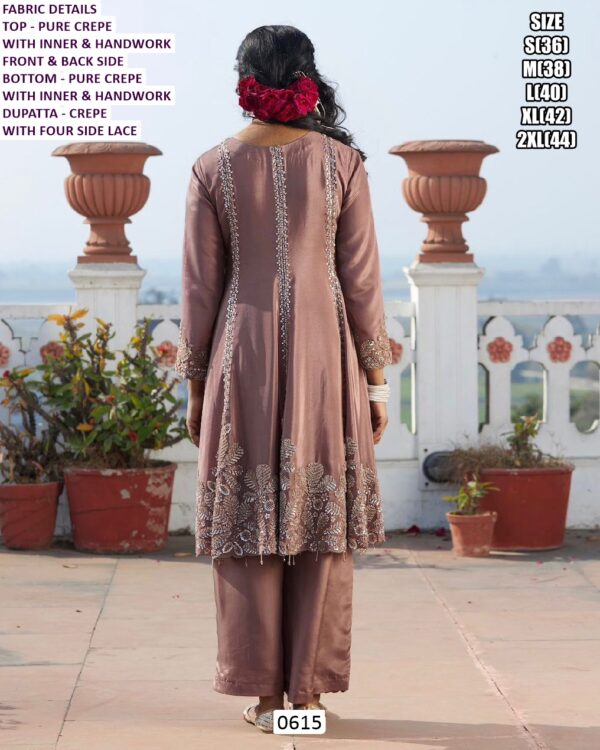 Pure Crepe Hand Worked Coco Brown Colour Suit With Designer Plazo Pant And Dupatta