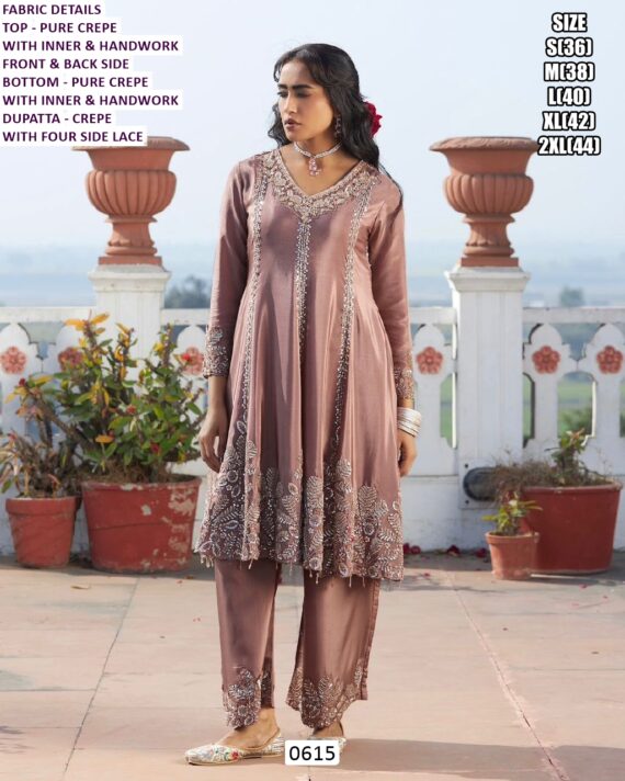 Pure Crepe Hand Worked Coco Brown Colour Suit With Designer Plazo Pant And Dupatta