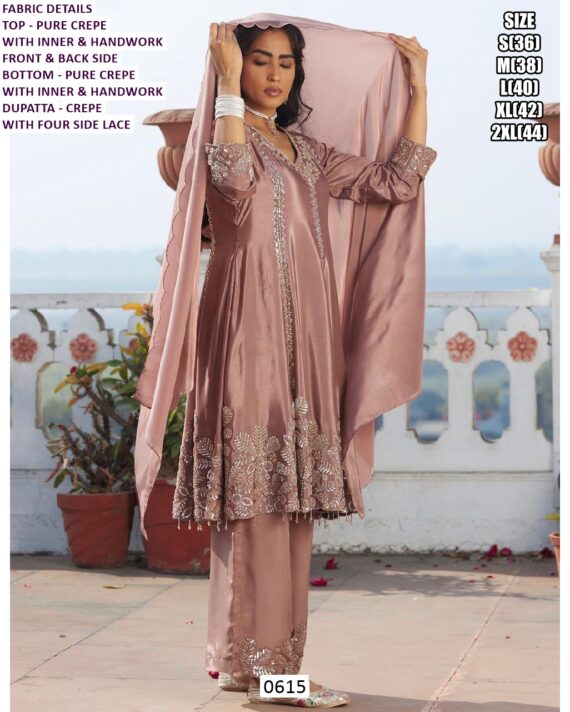 Pure Crepe Hand Worked Coco Brown Colour Suit With Designer Plazo Pant And Dupatta