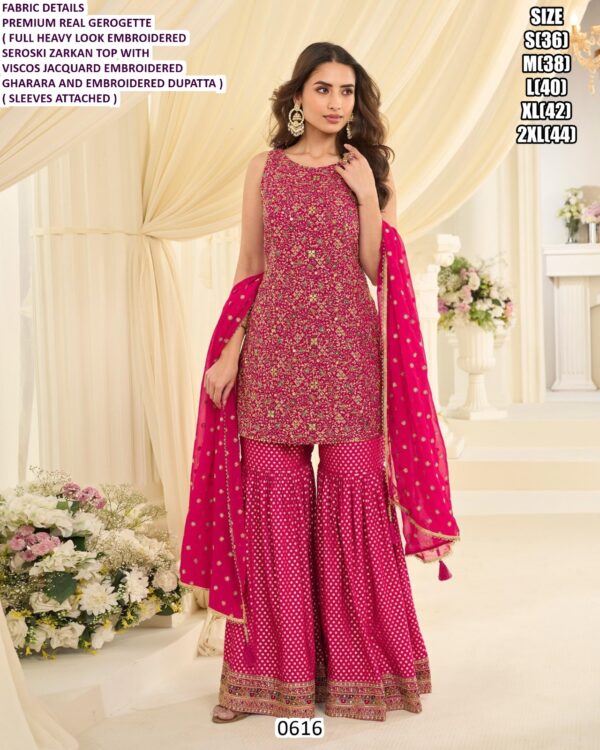 Heavy Embroidery And Adorned With Swarovski (Zarkan) Work Premium Real Georgette Gharara Suits