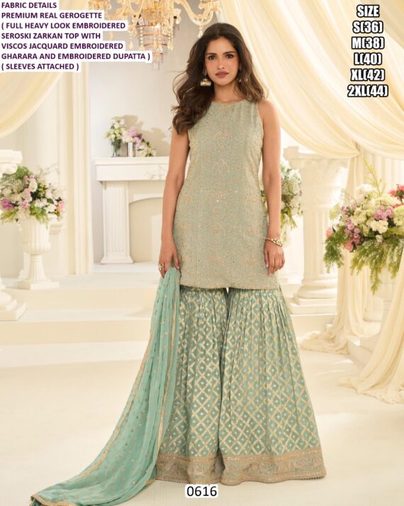 Heavy Embroidery And Adorned With Swarovski (Zarkan) Work Premium Real Georgette Gharara Suits