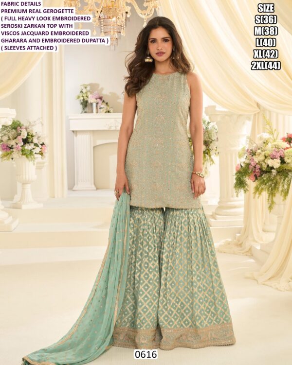 Heavy Embroidery And Adorned With Swarovski (Zarkan) Work Premium Real Georgette Gharara Suits