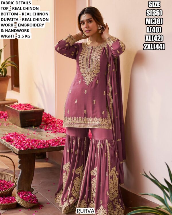Real Chinon Sharara Suits – Embroidery And Hand Work Elegance, Available In Three Colours!