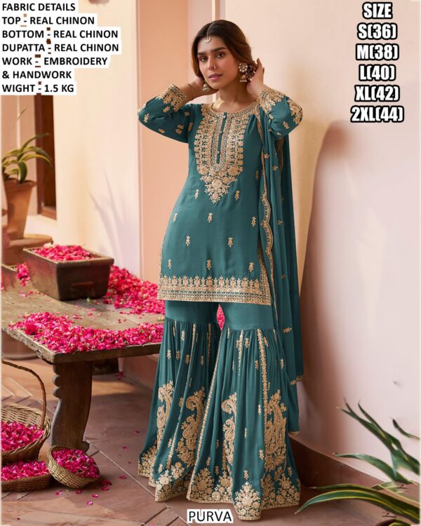 Real Chinon Sharara Suits – Embroidery And Hand Work Elegance, Available In Three Colours!