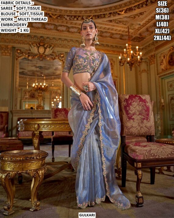 Soft Tissue Traditional Occasion Wear Sarees And Attractive Multi-Thread Embroidery Blouses