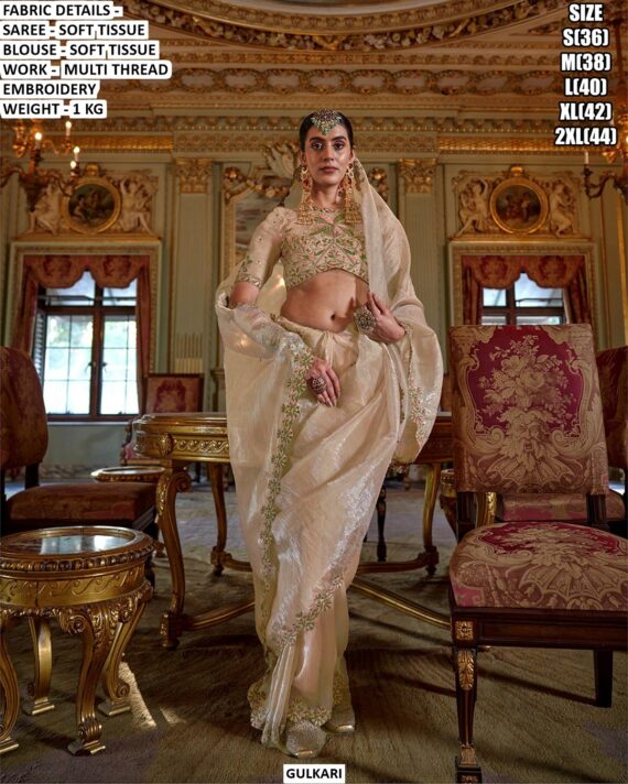 Soft Tissue Traditional Occasion Wear Sarees And Attractive Multi-Thread Embroidery Blouses