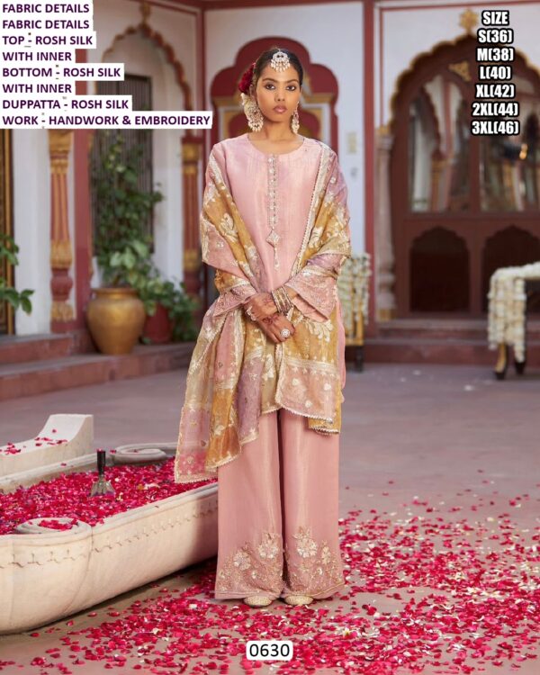 Indulge In The Epitome Of Chic With This Baby Pink Rosh Silk Embroidery And Hand Work Plazo Suit