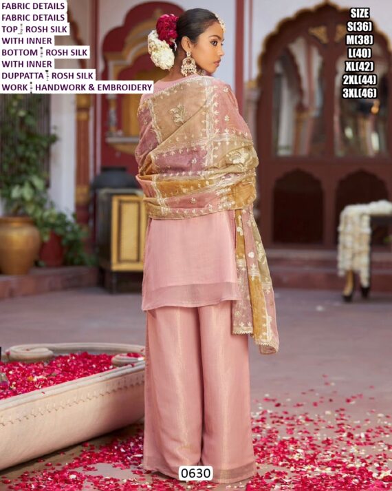 Indulge In The Epitome Of Chic With This Baby Pink Rosh Silk Embroidery And Hand Work Plazo Suit