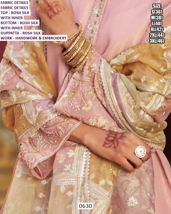 Indulge In The Epitome Of Chic With This Baby Pink Rosh Silk Embroidery And Hand Work Plazo Suit