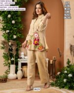 Pure Jute Cotton Fabric Co-ord Set In Collar Pattern And Applique And Embroidery Work