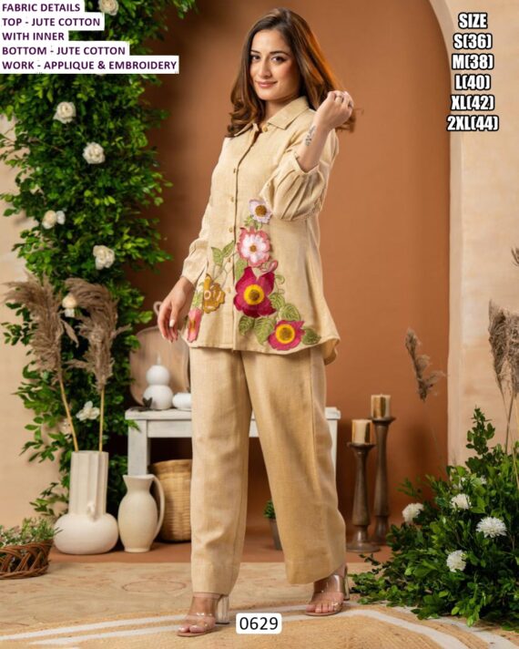 Pure Jute Cotton Fabric Co-ord Set In Collar Pattern And Applique And Embroidery Work