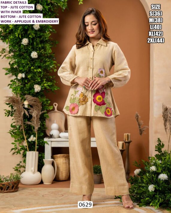 Pure Jute Cotton Fabric Co-ord Set In Collar Pattern And Applique And Embroidery Work