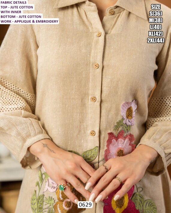 Pure Jute Cotton Fabric Co-ord Set In Collar Pattern And Applique And Embroidery Work