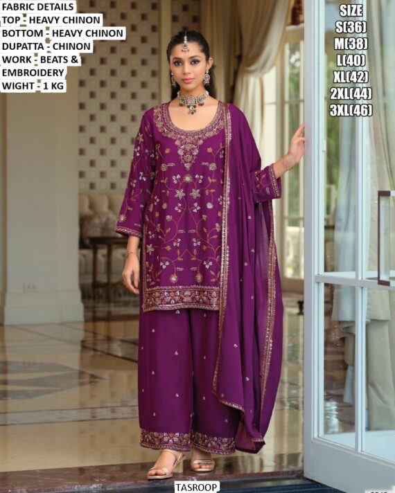 Heavy Chinon Silk Festive And Wedding Special Beads And Embroidered Plazo Style Suits