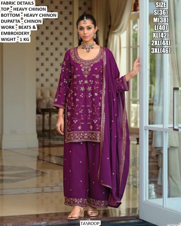 Heavy Chinon Silk Festive And Wedding Special Beads And Embroidered Plazo Style Suits