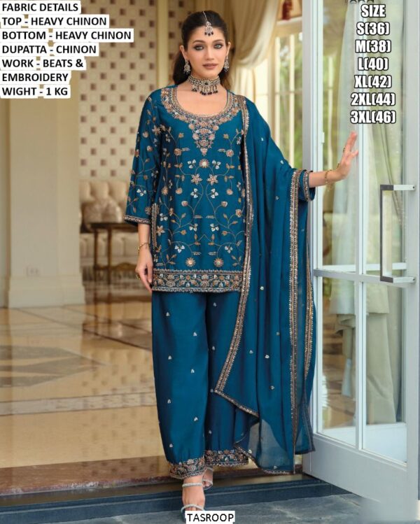 Heavy Chinon Silk Festive And Wedding Special Beads And Embroidered Plazo Style Suits