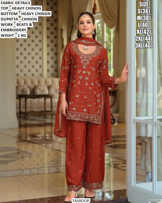 Heavy Chinon Silk Festive And Wedding Special Beads And Embroidered Plazo Style Suits